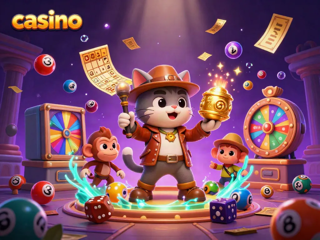 Explore a vibrant casino scene with a cat archaeologist and a monkey discovering treasure.