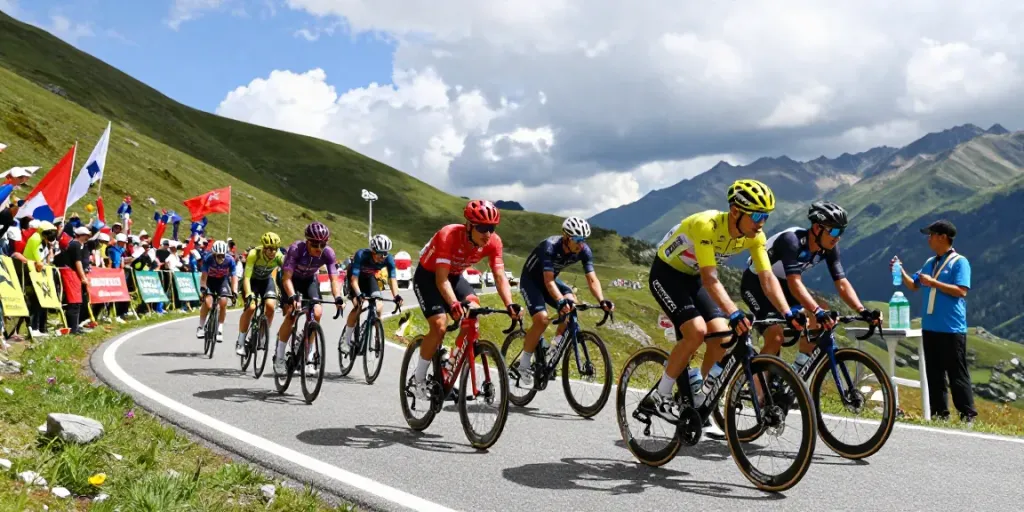 Corridori durante la Vuelta a España 2026 in una corsa competitiva su una strada montuosa con un pubblico entusiasta.