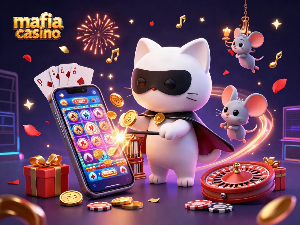 Experience the thrill of mafia casino gaming with vibrant 3D characters and casino elements.