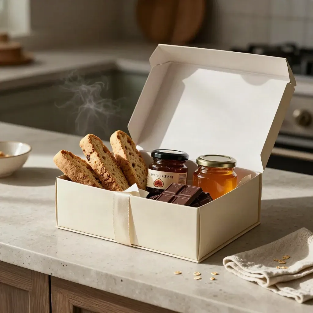Cofanetto regalo aperto con biscotti, confettura di fichi, miele e cioccolato su travertino chiaro.