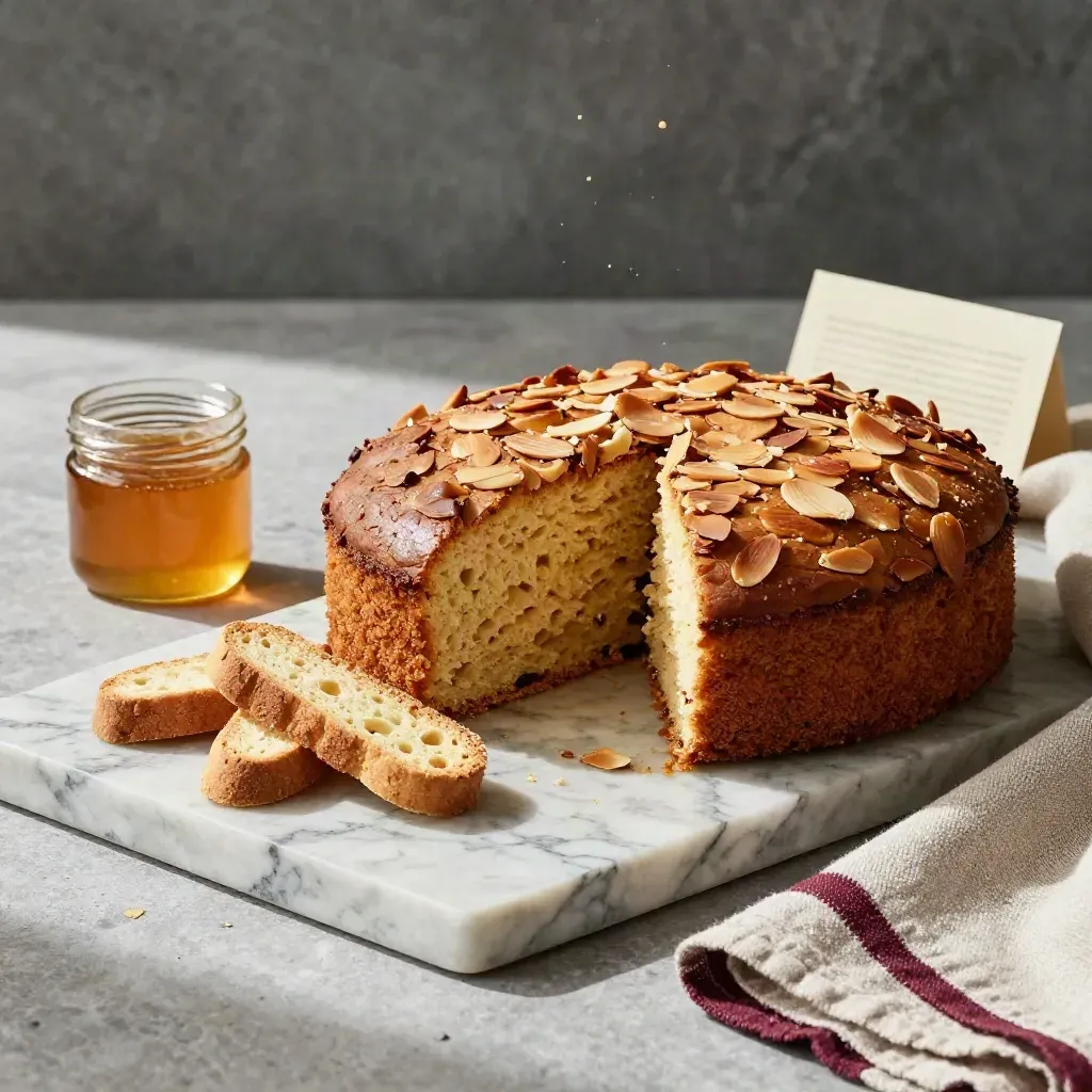 Torta di mandorle rustica con fetta, biscotti e miele su travertino, luce calda di studio.