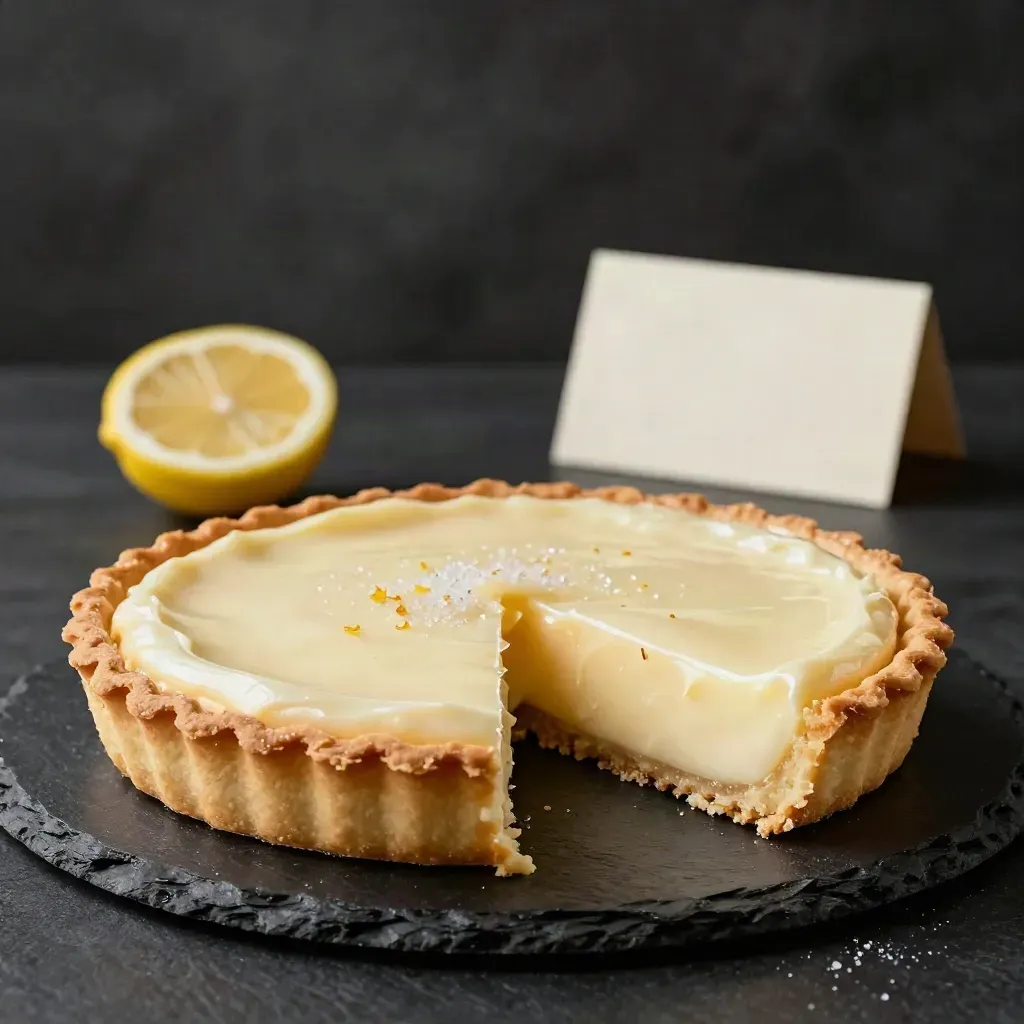 Crostata al limone lucida con fetta sollevata su fondo scuro, luce drammatica.