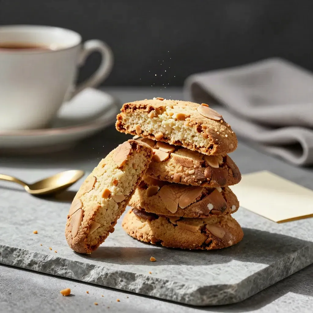 Biscotti alle mandorle in pila con tazza sfocata e briciole su lino grigio