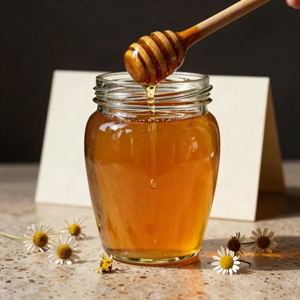 Barattolo di miele millefiori con colatura dorata, favo e camomilla su travertino.
