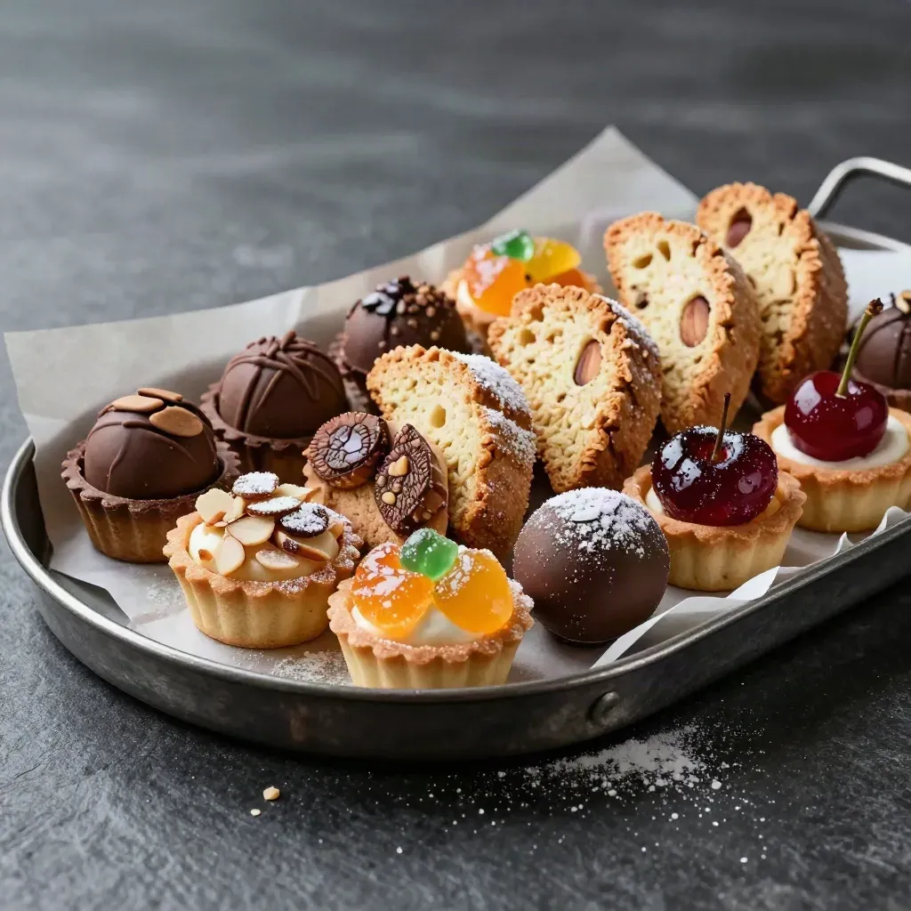 Vassoio misto di dolci artigianali su pietra scura, luce drammatica e atmosfera calda.