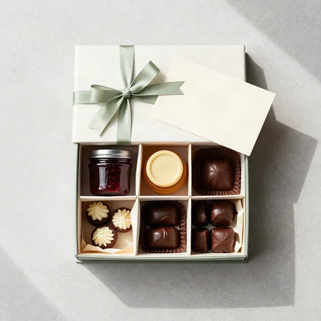 Vista dall’alto di una scatola regalo assortita con confettura, miele e cioccolatini.
