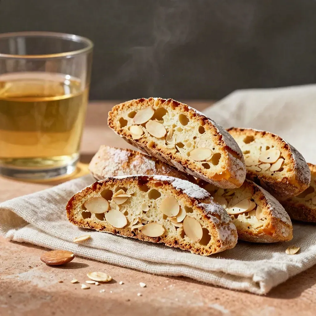 Cantucci alle mandorle con vin santo e panno piegato su superficie terracotta.