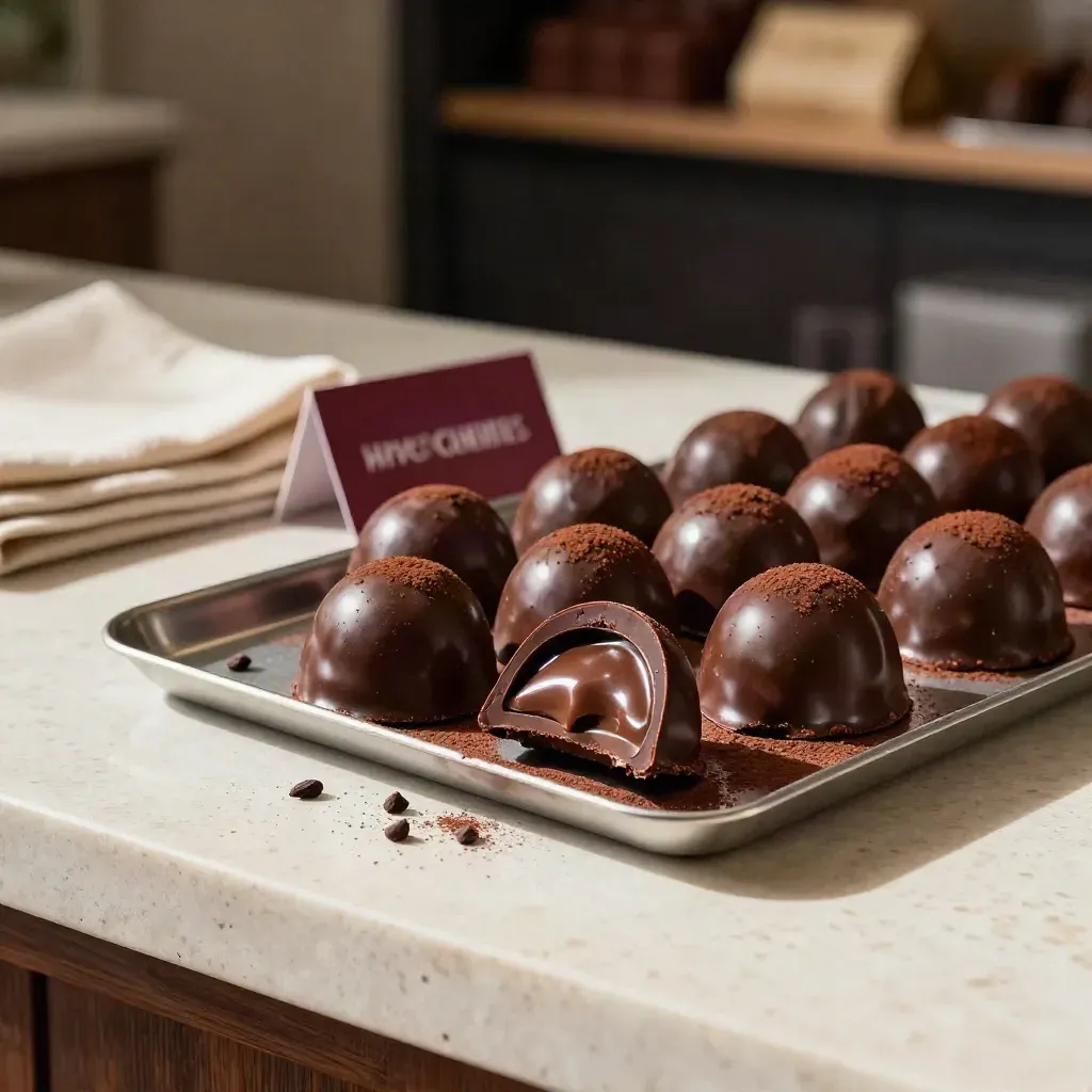 Vassoio di praline al cacao fondente con nibs e pezzo spezzato su travertino.