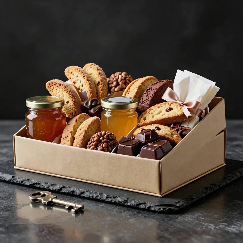 Cofanetto dolce aperto con biscotti, confettura, miele e cioccolato su fondo scuro.