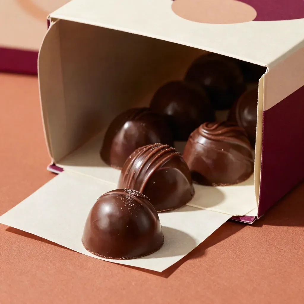 Scatola aperta di cioccolatini fondenti con un pezzo rovesciato su carta piegata