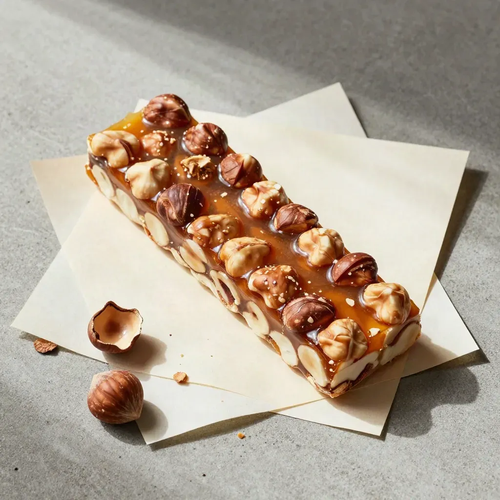 Flat lay dall’alto di torrone alle nocciole spezzato su carta, con briciole e gusci tostati