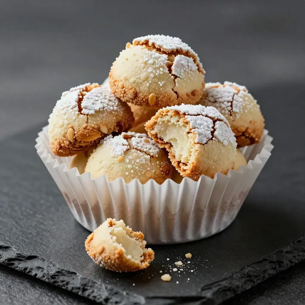 Amaretti morbidi in pirottino di carta su ardesia nera, con zucchero a velo e briciole