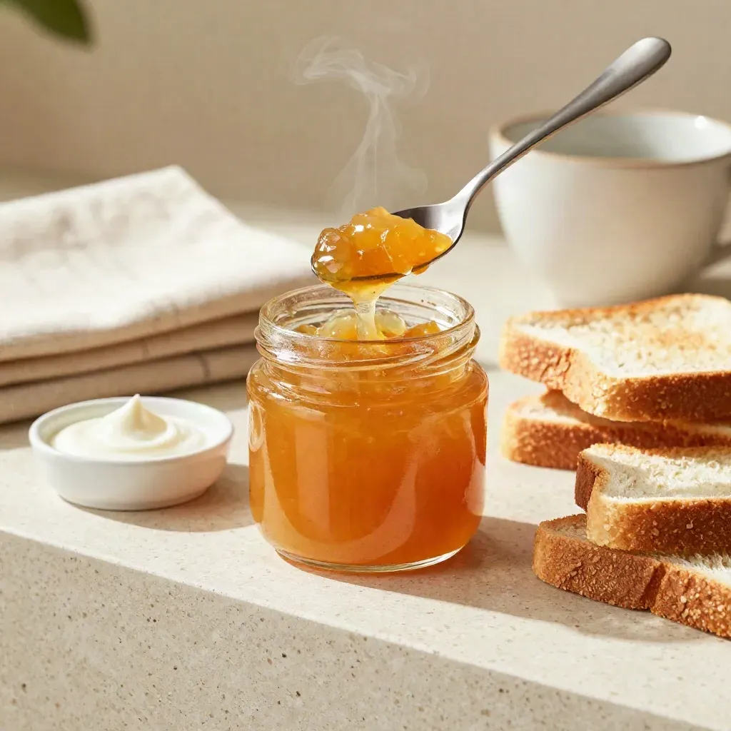 Barattolo aperto di marmellata d’arance con toast e piattino su ledge chiaro.