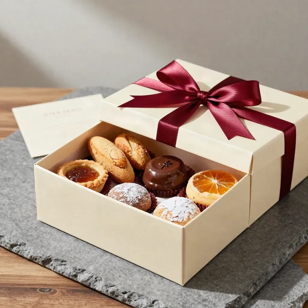 Scatola regalo aperta con sei dolci assortiti e nastro bordeaux su pietra grafite