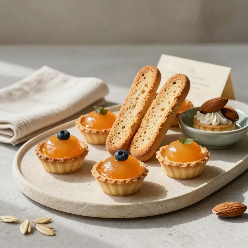 Vassoio piccolo per feste con tartellette, biscotti e petit four su pietra chiara