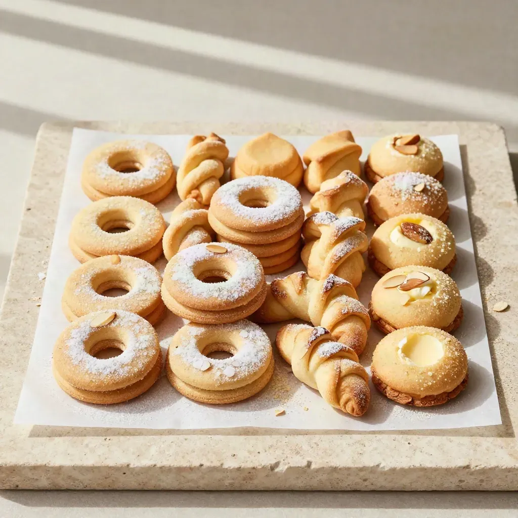 Pasticcini secchi misti su vassoio di carta pergamena, visti dall'alto con briciole e mandorle