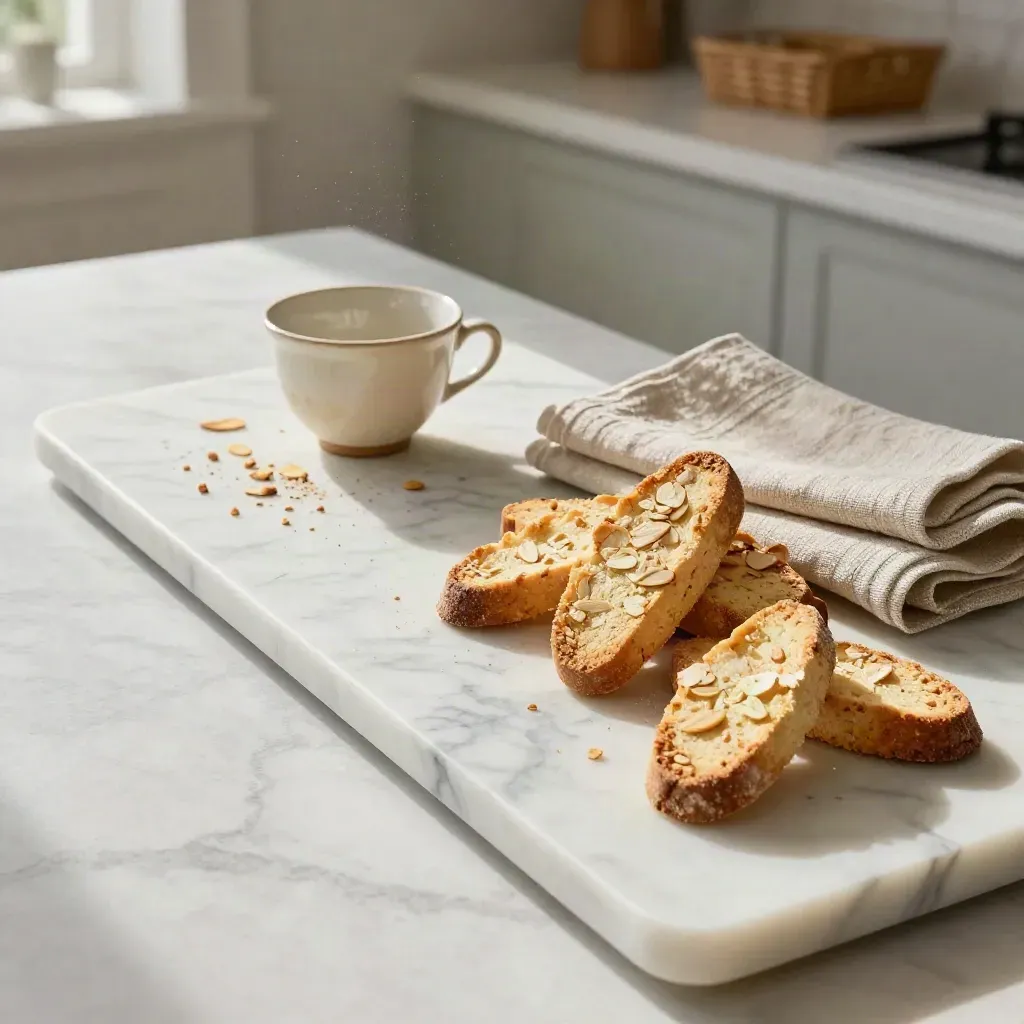 Biscotti alle mandorle in cesta con tazza di porcellana su marmo, luce mattutina.