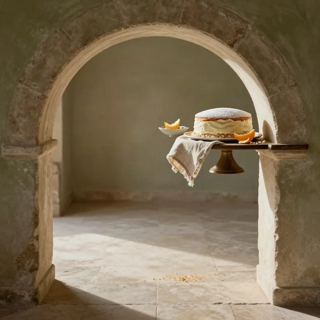 Arco di pasticceria antico con torta coperta di lino in luce calda, interno ampio e arioso.