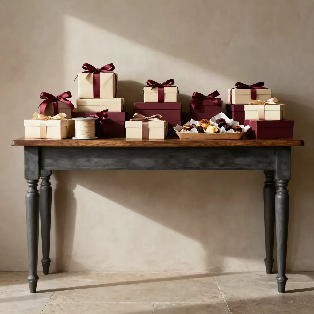 Console per regali con scatole, nastri e dolci in una luce calda e raffinata.